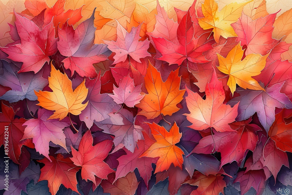 A painting of a large number of red and orange leaves A painting of a large number of red and orange leaves