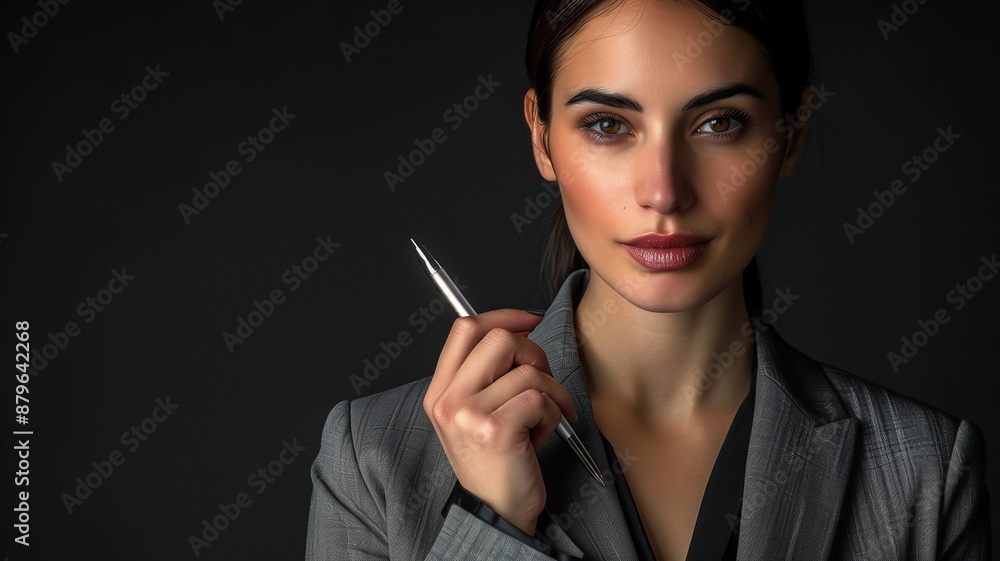 Obraz premium A confident businesswoman in a tailored grey suit, holding a sleek, modern pen, with emphasis on the pen’s design and the woman’s composed demeanor