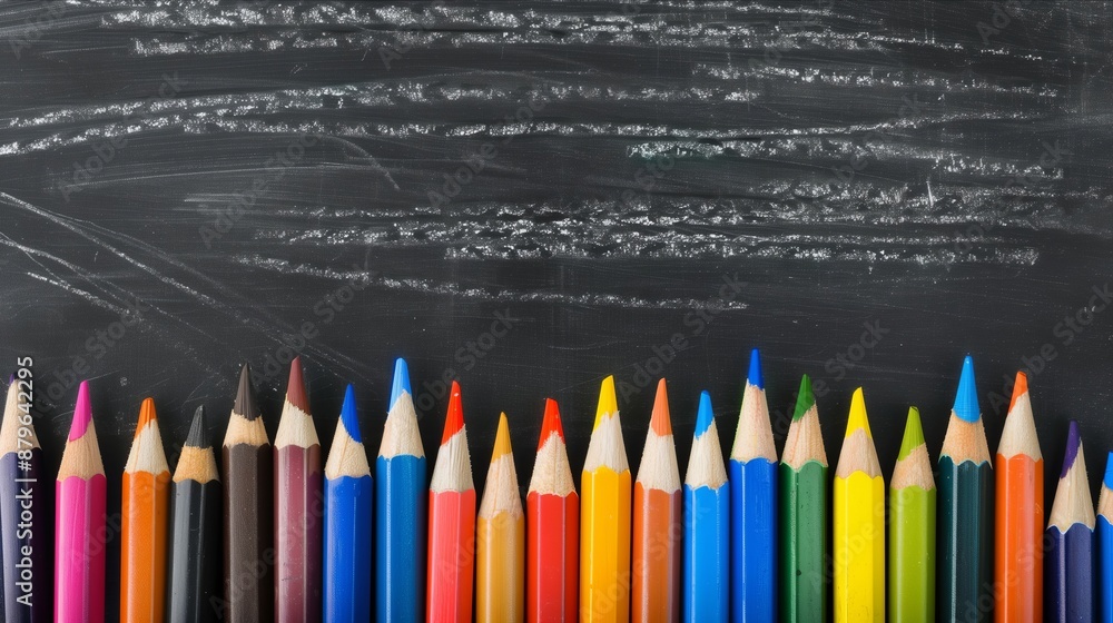 A row of colored pencils on a blackboard. The pencils are lined up in a row, with the colors ranging from red to yellow to blue. The blackboard is covered in chalk A row of colored pencils on a blackboard. The pencils are lined up in a row, with the colors ranging from red to yellow to blue. The blackboard is covered in chalk