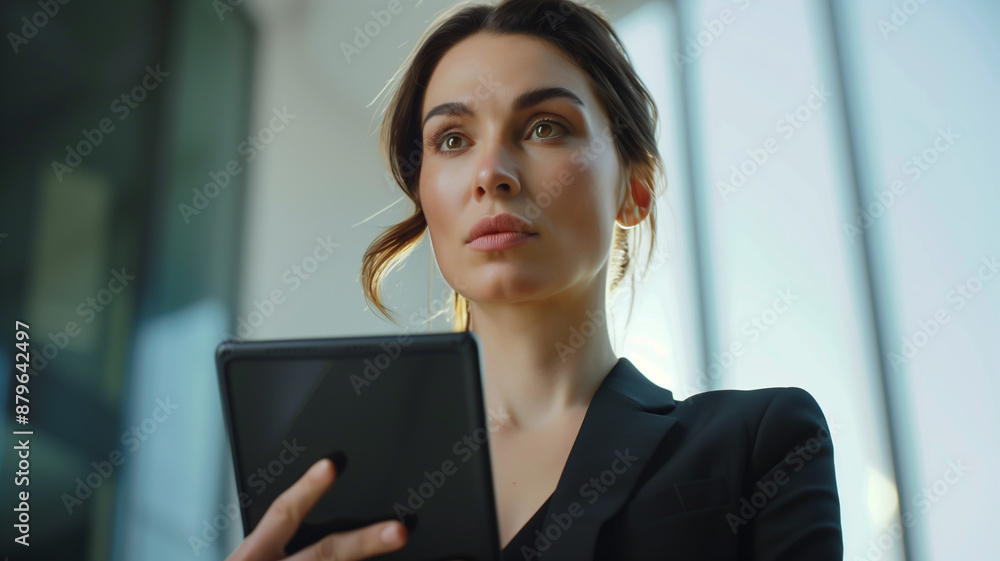 Executive woman poised with a sophisticated tablet device, emphasizing its sleek design and features Executive woman poised with a sophisticated tablet device, emphasizing its sleek design and features