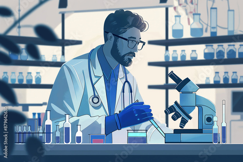 Illustration of a male medical scientist holding a micropipette as he conducts research in a modern laboratory. For medical researcher contents. photo