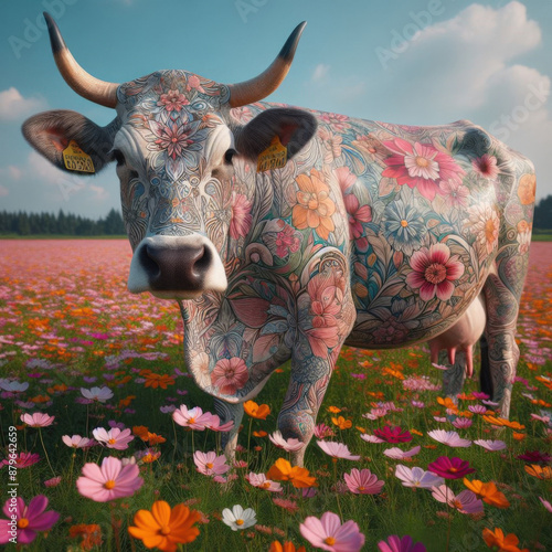 Floral Cow in Colorful Field: A Whimsical Tattooed Bovine