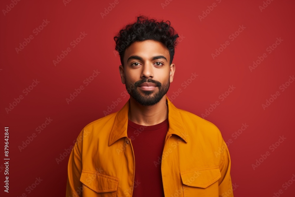 Portrait of a glad indian man in his 20s donning a trendy cropped top over solid color backdrop Portrait of a glad indian man in his 20s donning a trendy cropped top over solid color backdrop