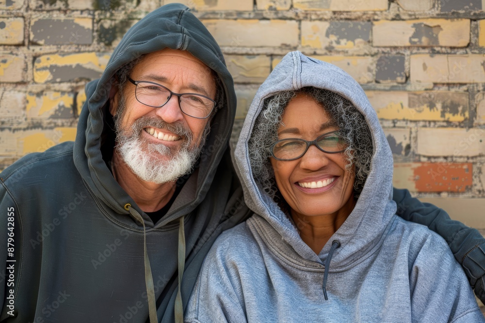 Portrait of a glad multiethnic couple in their 60s sporting a comfortable hoodie while standing against vintage brick wall Portrait of a glad multiethnic couple in their 60s sporting a comfortable hoodie while standing against vintage brick wall