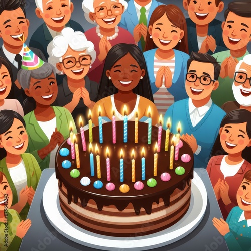 A cheerful family gathers around a cake with candles, celebrating a birthday