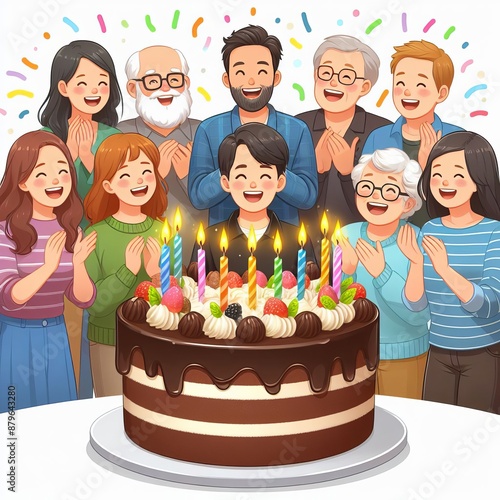 A cheerful family gathers around a cake with candles, celebrating a birthday