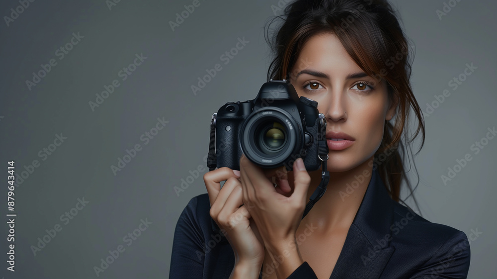 Modern working woman in her late 20s, elegantly posed with a high-end DSLR camera, emphasizing the camera’s features and design Modern working woman in her late 20s, elegantly posed with a high-end DSLR camera, emphasizing the camera’s features and design