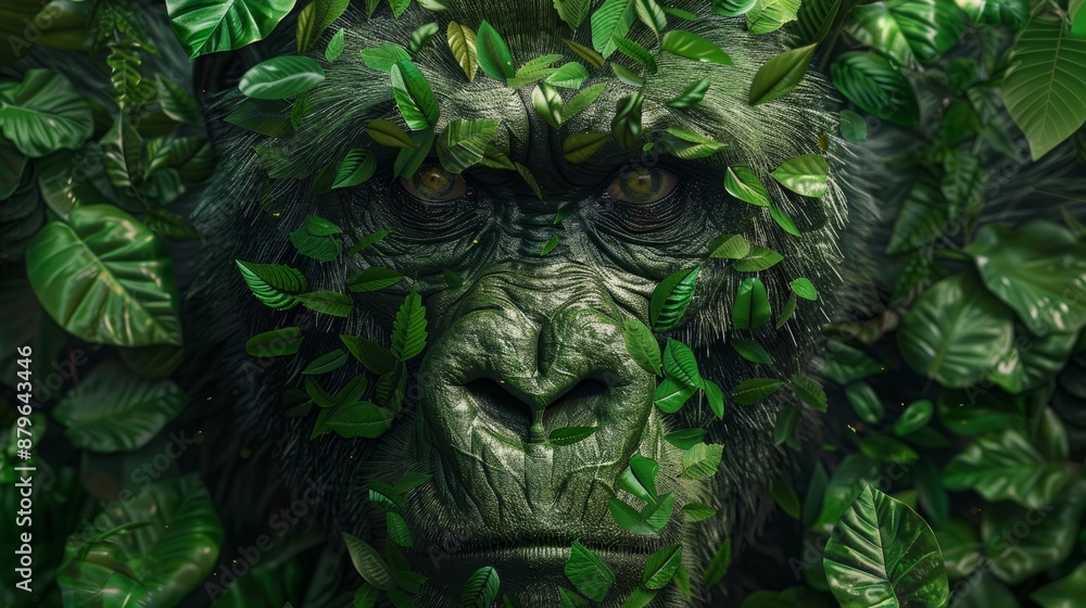 Gorilla Face Covered With Leaves in Jungle Environment Gorilla Face Covered With Leaves in Jungle Environment