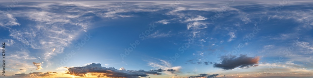 Naklejka premium 360 hdri panorama of dark sky before sunset with beautiful awesome clouds in seamless view with zenith equirectangular projection for use in 3d graphics, game development as skydome or edit drone shot