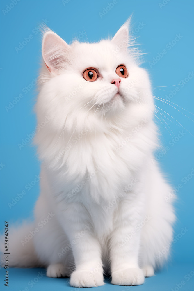 White persian cat with orange eyes sitting on blue background, studio shot White persian cat with orange eyes sitting on blue background, studio shot