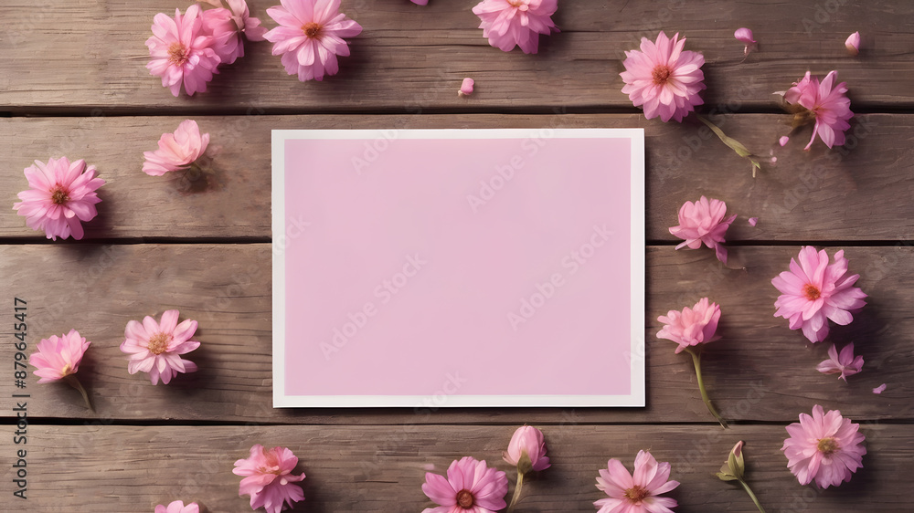wooden background with flowers with paper note empty space for greeting message. Love and greeting concept design. AI generated image, ai wooden background with flowers with paper note empty space for greeting message. Love and greeting concept design. AI generated image, ai