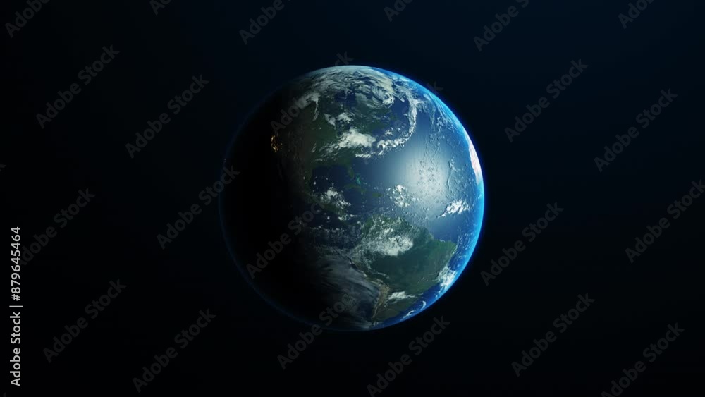 Planet Earth rotates in outer space on a dark blue background. Night planet and bright city lights. 3D animation with detailed satellite map, some NASA setting elements. Seamless loop. Planet Earth rotates in outer space on a dark blue background. Night planet and bright city lights. 3D animation with detailed satellite map, some NASA setting elements. Seamless loop.