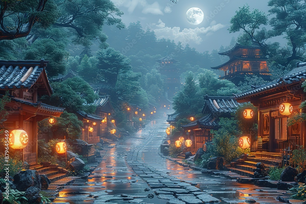 A quiet, peaceful village with lanterns hanging from the trees A quiet, peaceful village with lanterns hanging from the trees