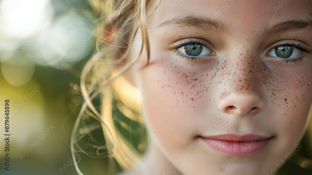 a close up of a young girl with freckles on her face a close up of a young girl with freckles on her face