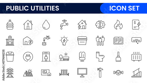 Public utilities linear signed icon collection. Signed thin line icons collection. Set of public utilities simple outline icons.