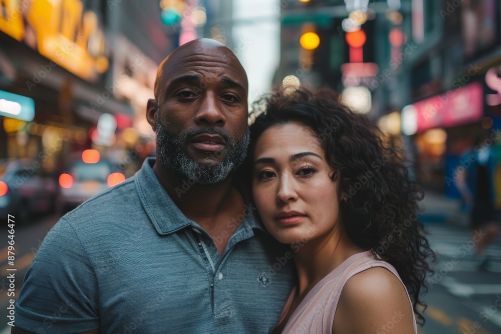 Portrait of a tender multiethnic couple in their 30s donning a classy polo shirt in busy urban street Portrait of a tender multiethnic couple in their 30s donning a classy polo shirt in busy urban street