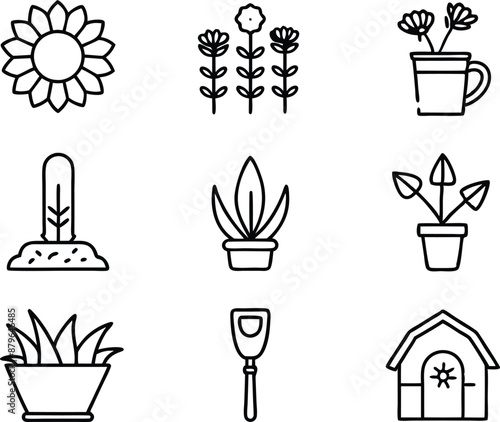 set of garden icon illustration. garden, gardening, nature, growth, organic, spring, summer, agriculture, green