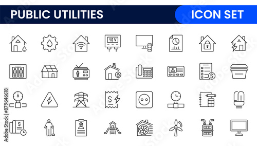 Public utilities linear signed icon collection. Signed thin line icons collection. Set of public utilities simple outline icons.