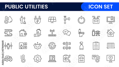 Public utilities linear signed icon collection. Signed thin line icons collection. Set of public utilities simple outline icons.