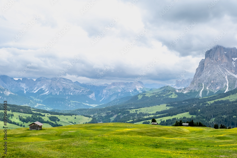 Naklejka premium Seiser Alm - Wanderparadies in den Südtiroler Dolomiten. Saftig grüne Wiesen mit urigen Hütten umringt vor schroffen Berggipfeln auf der größten Hochalm Europas.