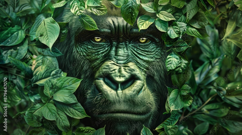 Majestic Gorilla Face Made from Green Leaves and Vines on Abstract Rainforest Background Majestic Gorilla Face Made from Green Leaves and Vines on Abstract Rainforest Background
