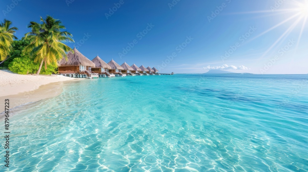 Naklejka premium Tropical island beach with overwater bungalows, luxury and exclusive.