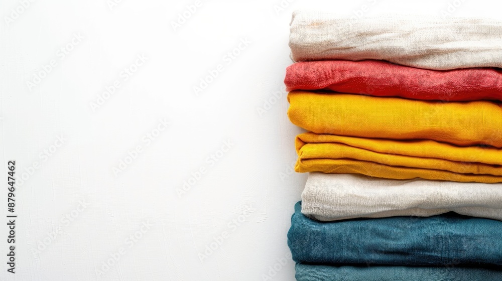 Colorful stack of neatly folded clothing on white background Top view with copy space Colorful stack of neatly folded clothing on white background Top view with copy space