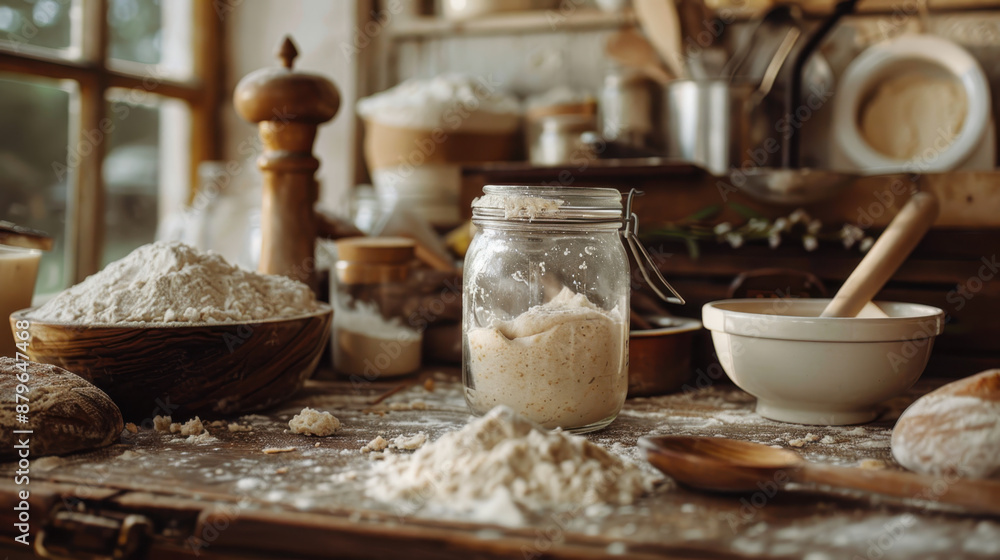 Rustic Kitchen Setting with Sourdough Starter in Jar, Flour, Wooden Bowl, Bread, and Baking Utensils Rustic Kitchen Setting with Sourdough Starter in Jar, Flour, Wooden Bowl, Bread, and Baking Utensils