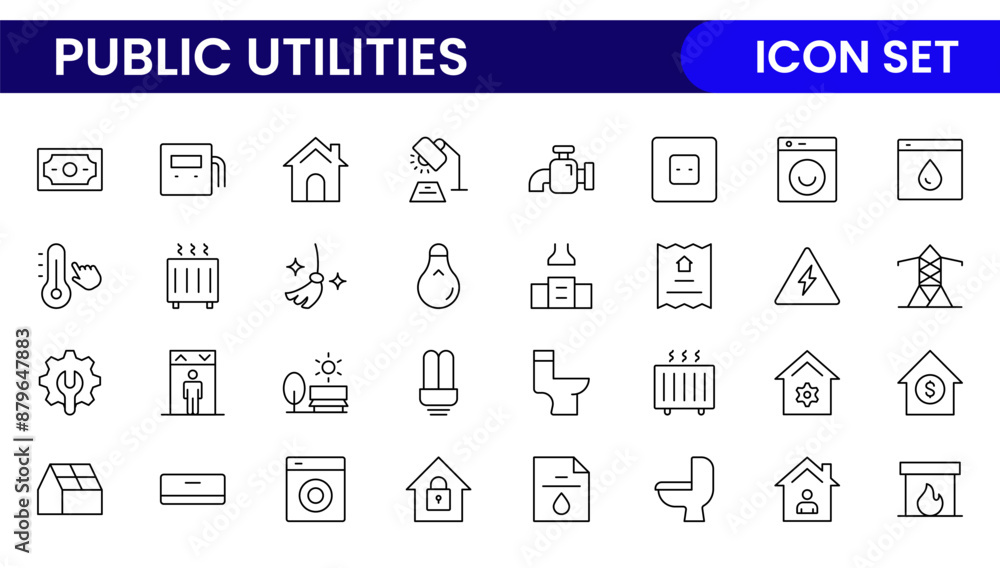 Public utilities linear signed icon collection. Signed thin line icons collection. Set of public utilities simple outline icons. Public utilities linear signed icon collection. Signed thin line icons collection. Set of public utilities simple outline icons.