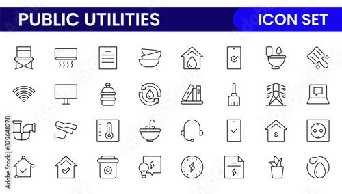 Public utilities linear signed icon collection. Signed thin line icons collection. Set of public utilities simple outline icons.