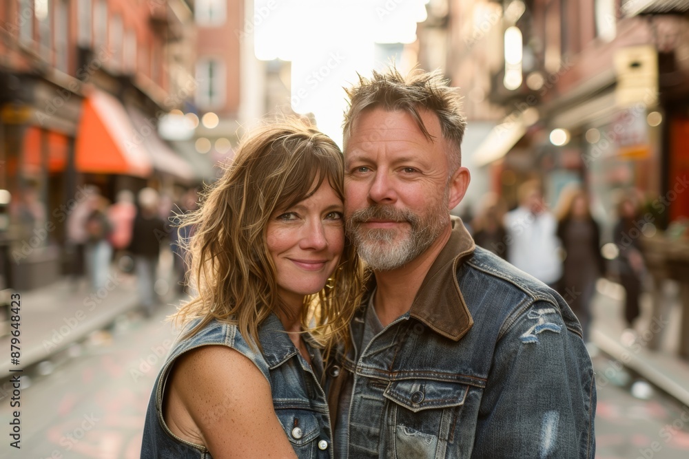 Portrait of a blissful couple in their 40s wearing a rugged jean vest on busy urban street Portrait of a blissful couple in their 40s wearing a rugged jean vest on busy urban street