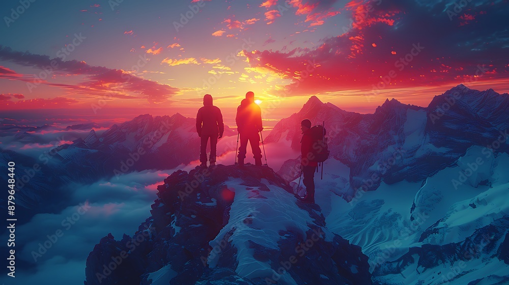 Fototapeta premium Summit Serenity: Adventurers at Sunset