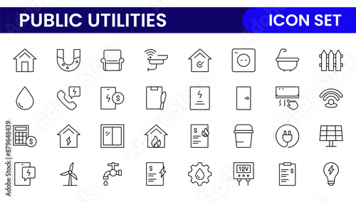 Public utilities linear signed icon collection. Signed thin line icons collection. Set of public utilities simple outline icons.