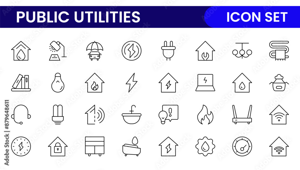 Public utilities linear signed icon collection. Signed thin line icons collection. Set of public utilities simple outline icons. Public utilities linear signed icon collection. Signed thin line icons collection. Set of public utilities simple outline icons.