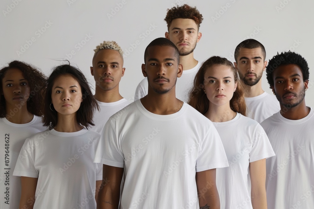 diverse models posing in white t shirts on gray background template mockup, fashion and style, casual clothes