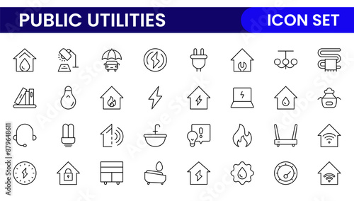 Public utilities linear signed icon collection. Signed thin line icons collection. Set of public utilities simple outline icons.