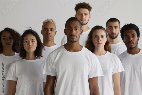 diverse models posing in white t shirts on gray background template mockup, fashion and style, casual clothes photo