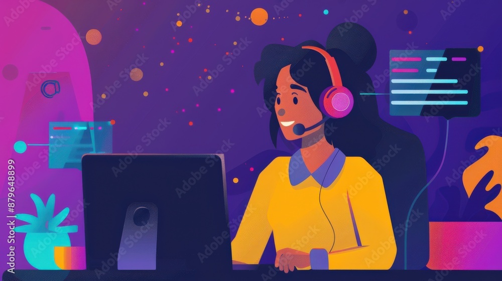 Tech support giving online assistance with a headset and microphone Tech support giving online assistance with a headset and microphone