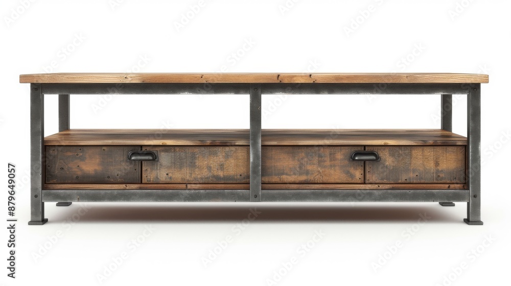 An industrial TV console with a wooden top and metal frame, isolated on a white background An industrial TV console with a wooden top and metal frame, isolated on a white background
