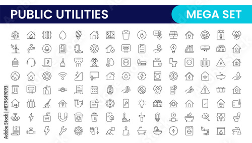 Public utilities linear signed icon collection. Signed thin line icons collection. Set of public utilities simple outline icons.