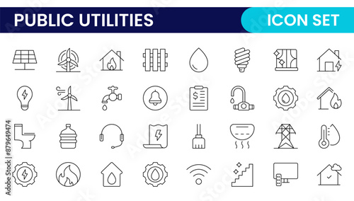 Public utilities linear signed icon collection. Signed thin line icons collection. Set of public utilities simple outline icons.