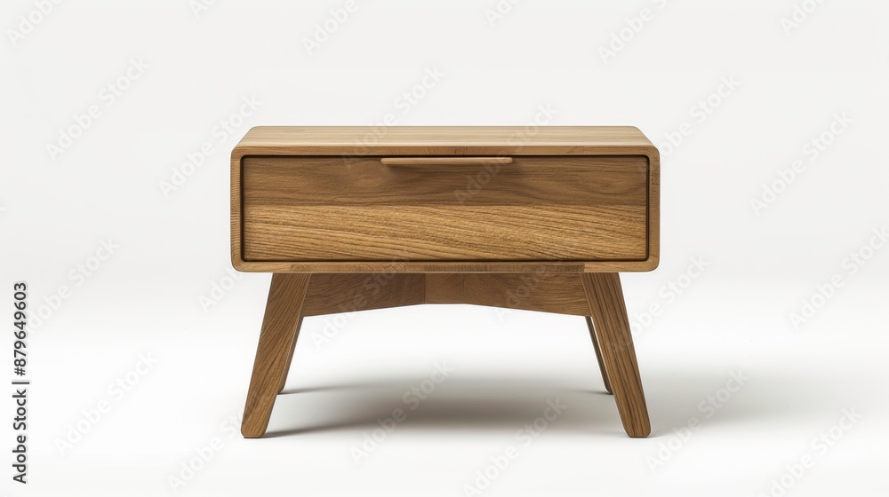 A minimalist bedside table with clean lines and wooden finish, isolated on a white background A minimalist bedside table with clean lines and wooden finish, isolated on a white background