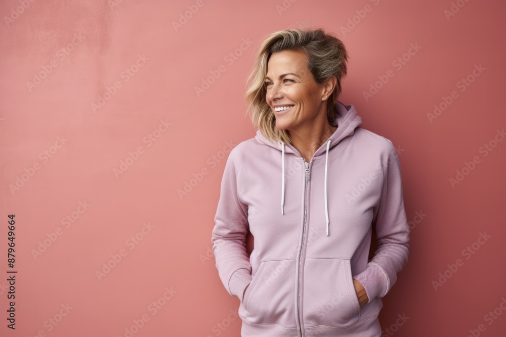 Portrait of a grinning woman in her 40s wearing a zip-up fleece hoodie isolated on solid pastel color wall Portrait of a grinning woman in her 40s wearing a zip-up fleece hoodie isolated on solid pastel color wall