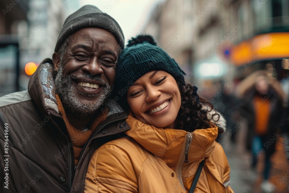 Portrait of a blissful multicultural couple in their 40s wearing a lightweight packable anorak in front of busy urban street Portrait of a blissful multicultural couple in their 40s wearing a lightweight packable anorak in front of busy urban street