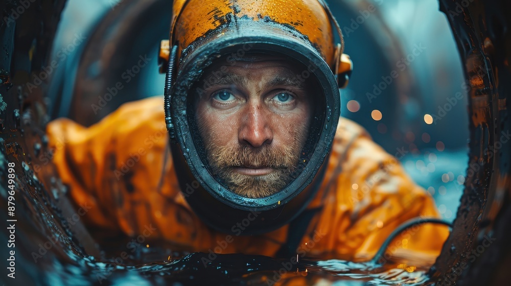 An oil rig worker in full protective gear looks determined while performing tasks within a rig, encapsulating the rugged, high-risk nature of his demanding profession. An oil rig worker in full protective gear looks determined while performing tasks within a rig, encapsulating the rugged, high-risk nature of his demanding profession.