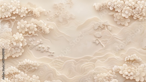 Elegant 3D floral relief art in soft beige tones, featuring intricate flower patterns and delicate texture. Perfect for decor and design projects.