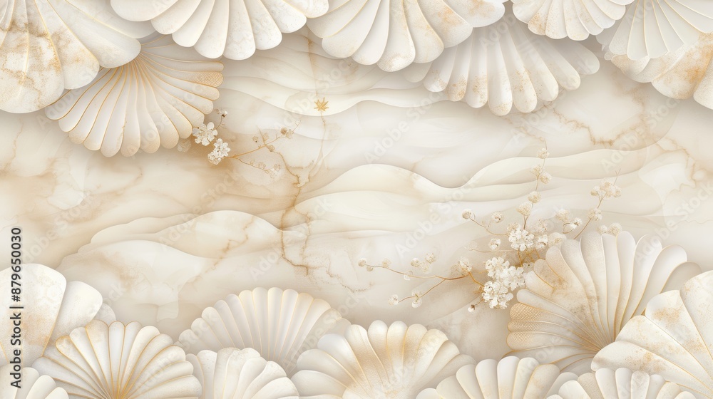 Elegant marble background adorned with delicate seashells, perfect for natural decor and coastal-themed designs. Elegant marble background adorned with delicate seashells, perfect for natural decor and coastal-themed designs.