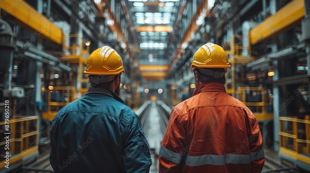 The image features two workers wearing hard hats and overalls standing inside a large industrial hall with extensive machinery and equipment, conversing or observing their surroundings. The image features two workers wearing hard hats and overalls standing inside a large industrial hall with extensive machinery and equipment, conversing or observing their surroundings.