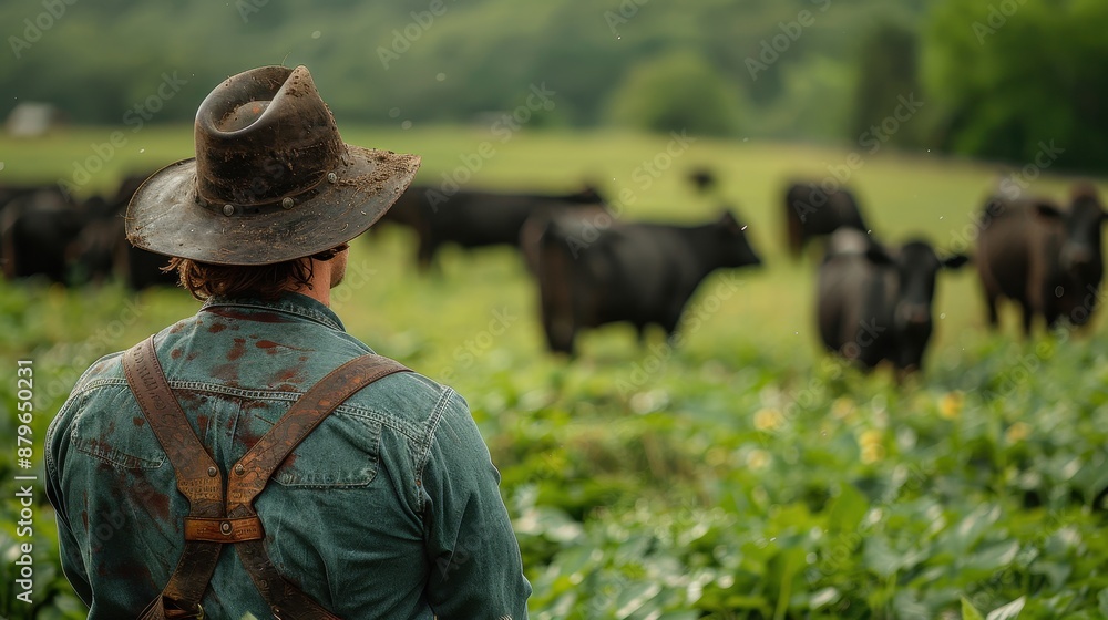The image depicts a farmer wearing a hat and denim overalls, standing in a lush green field, attentively overseeing a herd of black cattle grazing, encapsulating rural life. The image depicts a farmer wearing a hat and denim overalls, standing in a lush green field, attentively overseeing a herd of black cattle grazing, encapsulating rural life.