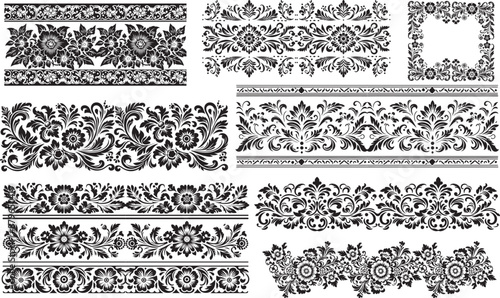 Border Vector Stencil Black And White with floral motifs